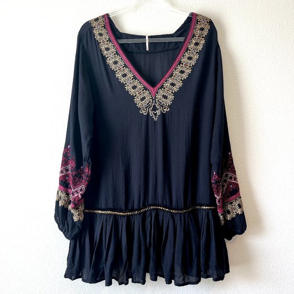 Free People Wild One Peasant Mini Dress Long Sleeve Embroidered Drop Waist Black - Picture 2 of 12